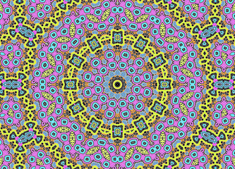 Black background with white graphics and colorful concentric pattern