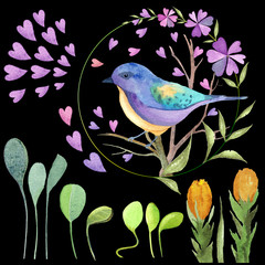 Lilac bird with plants and hearts on black background