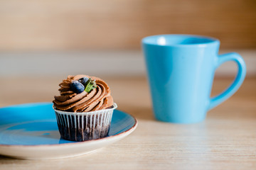 decorated  tasty Cupcake with slice of Strawberry and Chocolate on the table. Horizontal view several objects