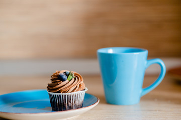 decorated  tasty Cupcake with slice of Strawberry and Chocolate on the table. Horizontal view several objects