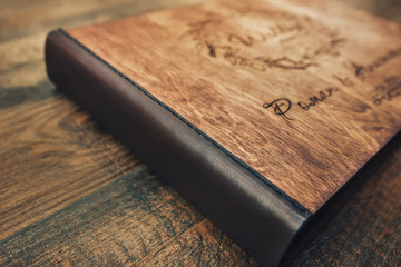 Leather binding wood book.
