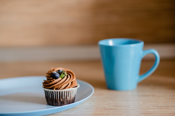 decorated  tasty Cupcake with slice of Strawberry and Chocolate on the table. Horizontal view several objects