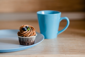 decorated  tasty Cupcake with slice of Strawberry and Chocolate on the table. Horizontal view several objects