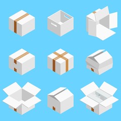 Isometric set of white cardboard box isolated on cian background. Isoleted vector illustration. Open and close empty carton packaging box of cartoon style for your bisiness design