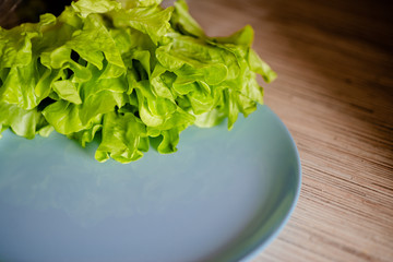 Fresh green lettuce leaves on a blue dish . Glettuce on a plate brown wooden table.