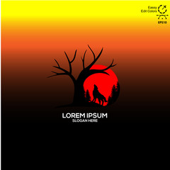 the wolf logo in the jungle, roars under full red moon vector