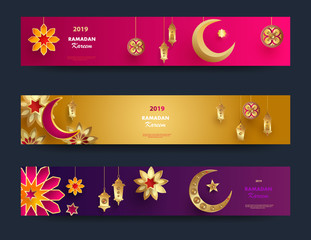 Ramadan Kareem horizontal banners with 3d arabesque stars and flowers.