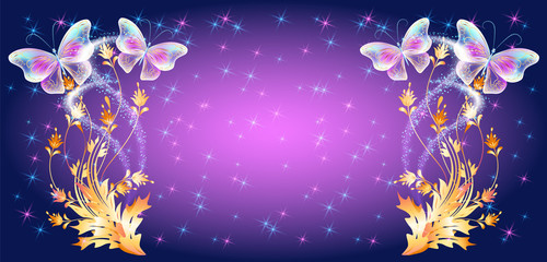 Transparent neon butterflies with golden ornament and glowing sparkle stars