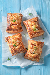 Delicious sausage roll as a snack for breakfast