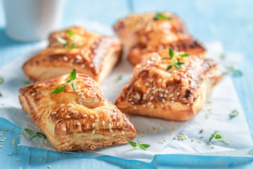 Homemade sausage roll as a snack for breakfast