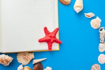 Open empty notebook on a blue background with shells and starfish