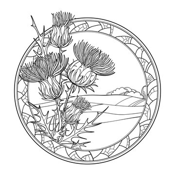Outline Thistle or Carduus plant, spiny leaf, bud and flower in mosaic round frame in black isolated on white background.