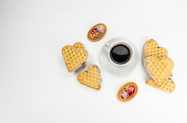 biscuits hearts with fruit filling with text space on a white isolated background