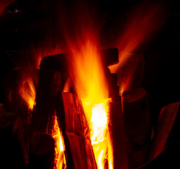 Flame of firewood at night