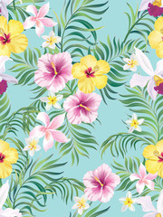 Fototapeta na wymiar Seamless tropical print with jungle flowers and palm leaves. Vector background.