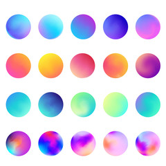 Rounded holographic gradient sphere set. Gradient colorful sphere in trendy style. Multicolor round buttons or vivid color spheres flat set. Vector illustration 10 eps
