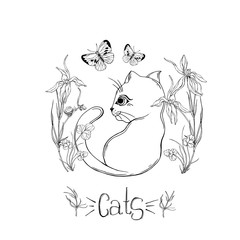 graphic cat with wildflowers with insects