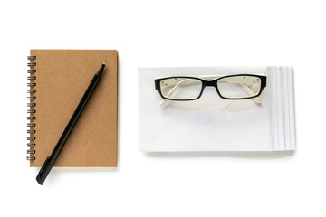 Letter envelopes, eye glasses, note book and a pen - Powered by Adobe