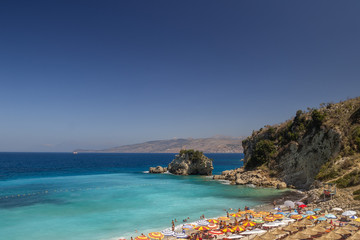 Albania, ksamil -14 July 2018. Tourists are resting on the beach of the Ionian Sea.