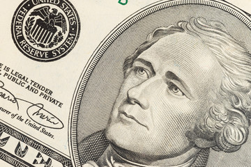 Alexander Hamilton face on US ten or 10 dollars bill