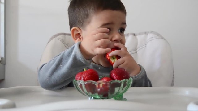 Cute impatient two years old baby boy cant wait to eat strawberries. Eating half of strawberry and than changing to another one