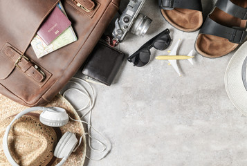 Fototapeta na wymiar Accessories for travel plan, trip vacation, tourism