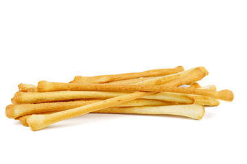 Italian grissini or salted breadsticks tied with a rope isolated on white background