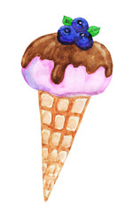 Ice cream cone with chocolate glaze and bluberry and mint topping isolated on white background. Hand drawn watercolor illustration for menu and card design.