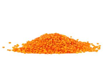 Pile of red lentils on white background