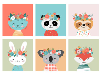 Cute animals heads with flower crown, vector illustrations for nursery design, poster, birthday greeting cards. Panda, llama, fox, koala, cat, dog, raccoon and bunny