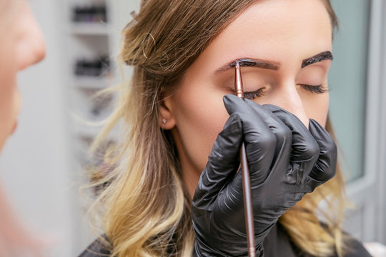 Brow and make up artist shaping and coloring eyebrows of her woman client in salon. Procedure in process. Space for text