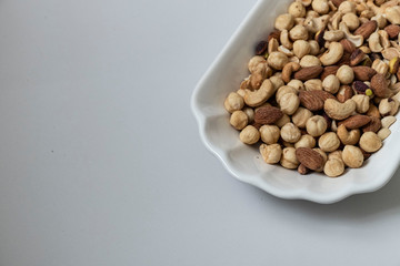 nuts, cashew nuts, dry almonds all on a plate close up
