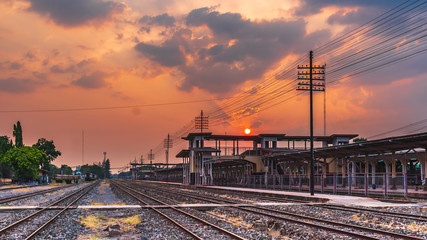 outdoor landscape railway train station sunset background