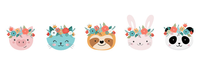 Cute animals heads with flower crown, vector illustrations for nursery design, poster, birthday greeting cards. Panda, llama, fox, koala, cat, dog, raccoon and bunny