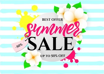 Sale summer banner, with flowers, watercolor spots on striped background, handwriting lettering.