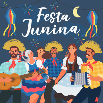 Vector illustration of men and women celebrating Festa Junina festival. Young people dancing, playing accordion and guitar. Creative banner, blog post, flyer or greeting card.