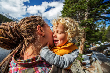 Family in Rocky mountains National park in USA
