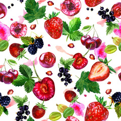 Watercolor illustration, pattern. Berries on white background. Cherries, strawberries, currants, blackberries, gooseberries, pink spots