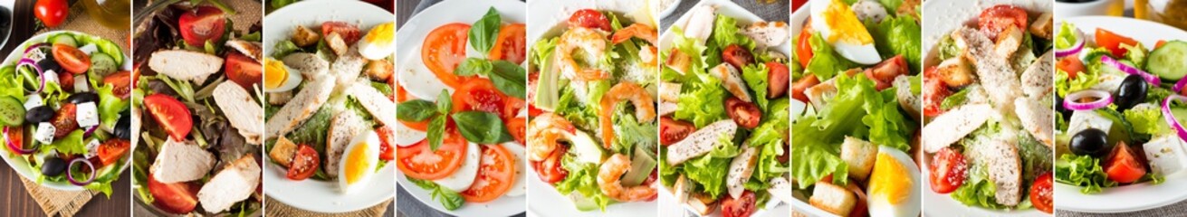Photo of collage of fresh salads. Healthy food concept. Diet food. Greek, Caesar, shrimp, caprese salad.