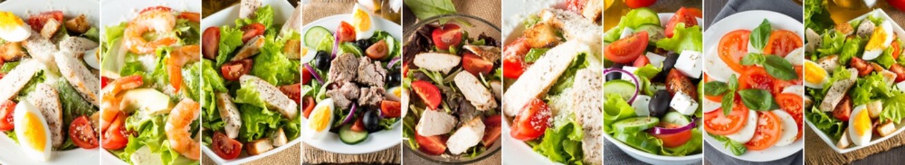 Photo of collage of fresh salads. Healthy food concept. Diet food. Greek, Caesar, shrimp, caprese salad.