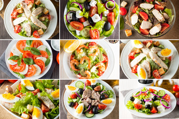 Fototapeta na wymiar Photo of collage of fresh salads. Healthy food concept. Diet food. Greek, Caesar, shrimp, caprese salad.