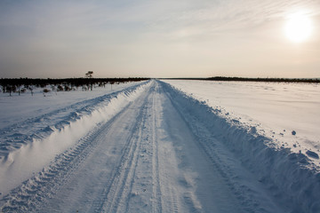 Fototapeta na wymiar Winter road in the field going into the horizon. Siberia. Landscape.