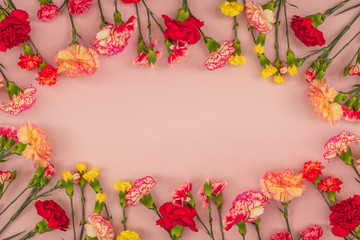 Pink background with carnations flowers and copy space. Top view. Mother's Day background.