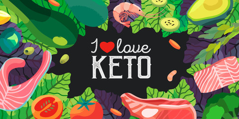 Vector illustration for a banner or other promotional materials. Ketogenic diet products on a black background with floral elements. A set of healthy food.