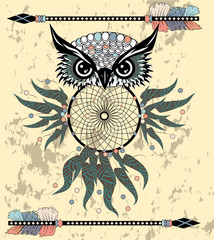 Hand drawn dreamcatcher with an owl, feathers and all seeing eyes. Indian talisman in boho style. American ethnic symbol. Shamanism, religion, occultism.