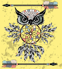 Hand drawn dreamcatcher with an owl, feathers and all seeing eyes. Indian talisman in boho style. American ethnic symbol. Shamanism, religion, occultism.