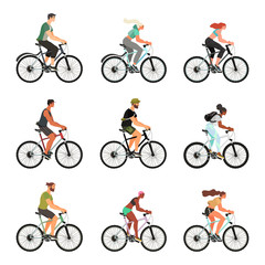 Obraz premium Cpllection of people riding bicycles isolated on a white background. A set of young, healthy and happy people on their bikes keeping a healthy lifestyle. Colorful vector illustration.