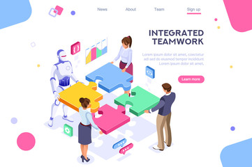 Flat cyborg idea, interactive engineer image. Partnership contact. Human interaction. Banner between white background, between empty space. 3d images isometric vector illustrations. Interacting people