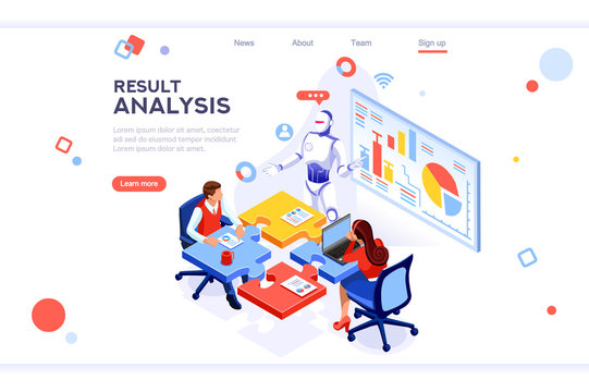 Flat cyborg idea, interactive engineer image. Partnership contact. Human interaction. Banner between white background, between empty space. 3d images isometric vector illustrations. Interacting people