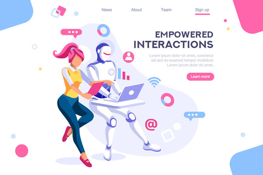 Flat cyborg idea, interactive engineer image. Partnership contact. Human interaction. Banner between white background, between empty space. 3d images isometric vector illustrations. Interacting people
